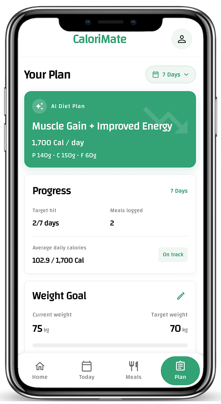 CaloriMate AI diet plan progress screen