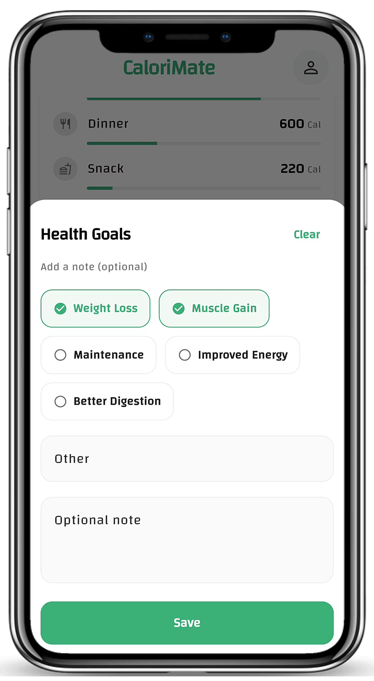 CaloriMate health goals and diet preferences screen