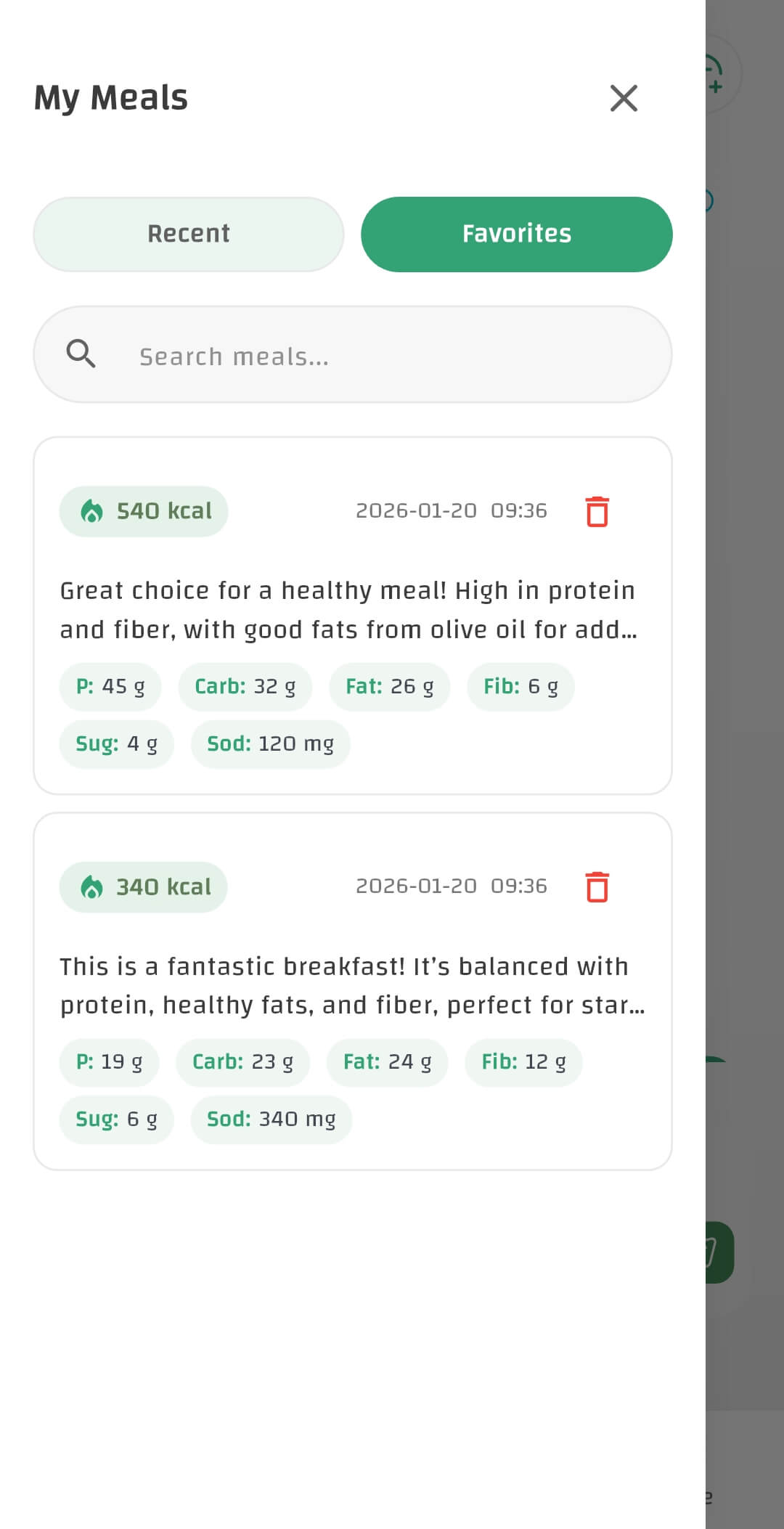 CaloriMate My Meals screen showing recent and favorites for fast calorie tracking