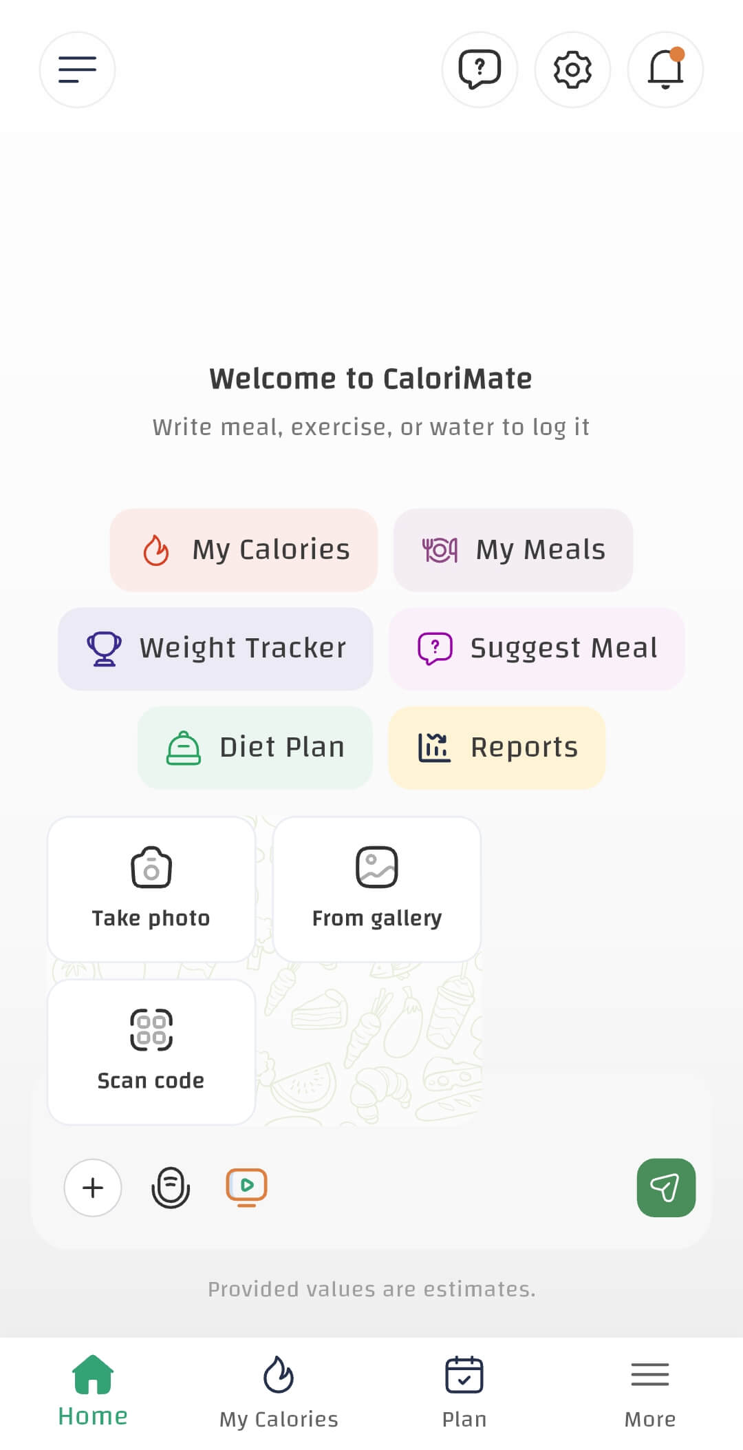 CaloriMate home screen showing AI calorie counting options: take photo, gallery, scan code
