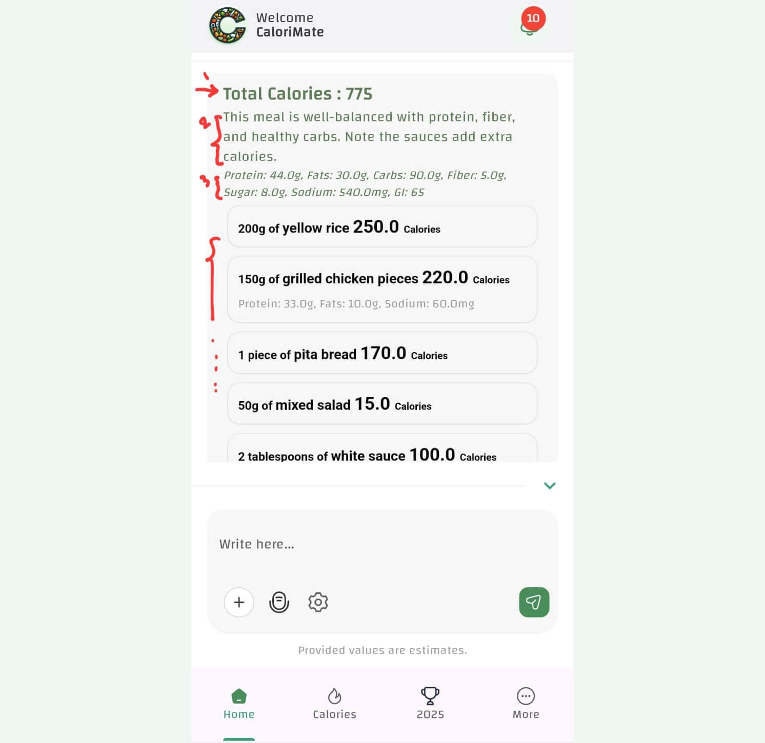 CaloriMate app in action as an AI calories counter by photo, showcasing its real-time meal analysis and smart feedback for effortless calorie tracking.