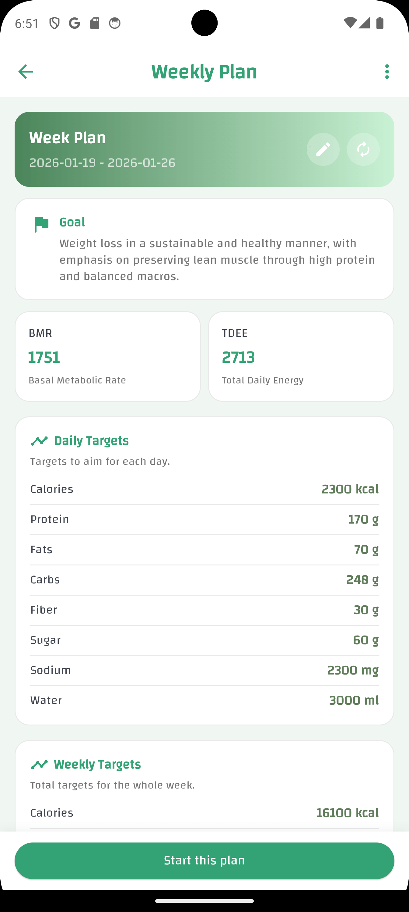 7-day AI meal plan result in CaloriMate showing weekly plan and daily macro targets