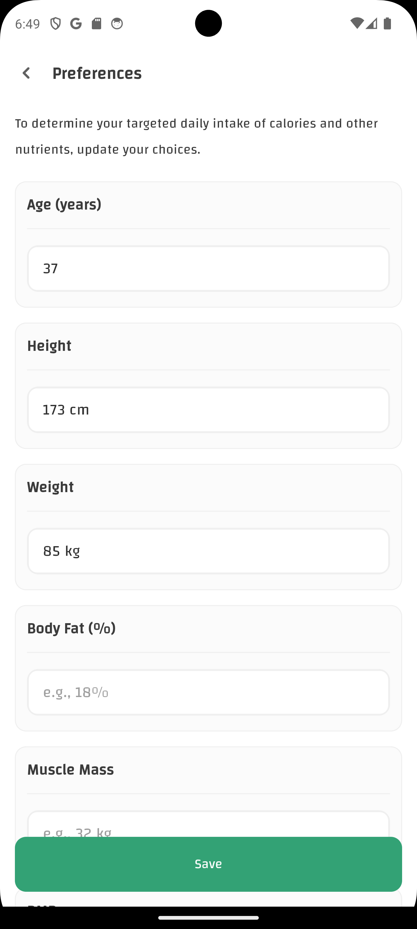 AI meal planner survey step 1 in CaloriMate collecting goals, calories, and meal preferences